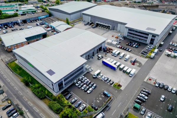 Aerial view of industrial units and parking