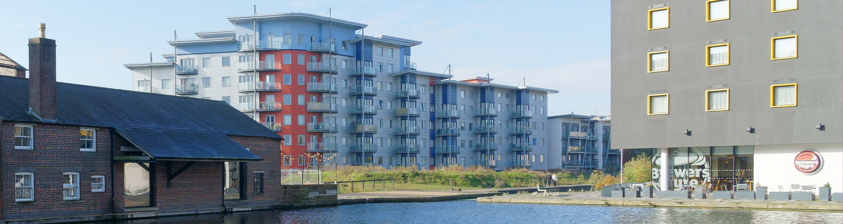 Canalside development in Walsall town centre, showing flats and hotel