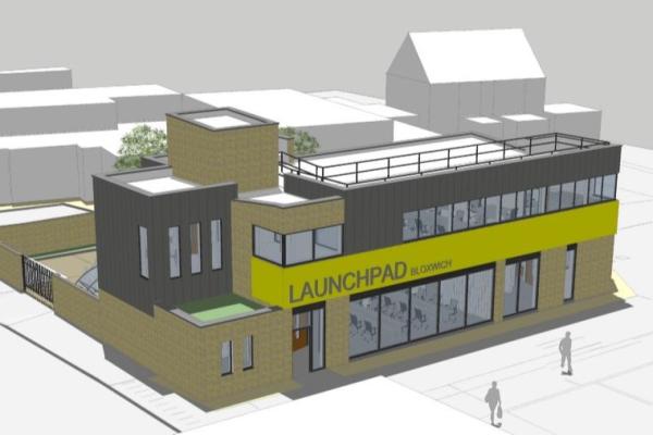 CGI of Bloxwich Launchpad, a renovated 2 storey brick building 