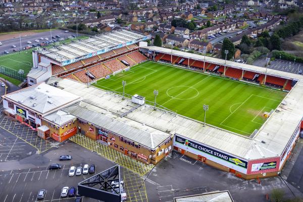 Aerial view of Bescot Stadium, showing the football pitch and stands