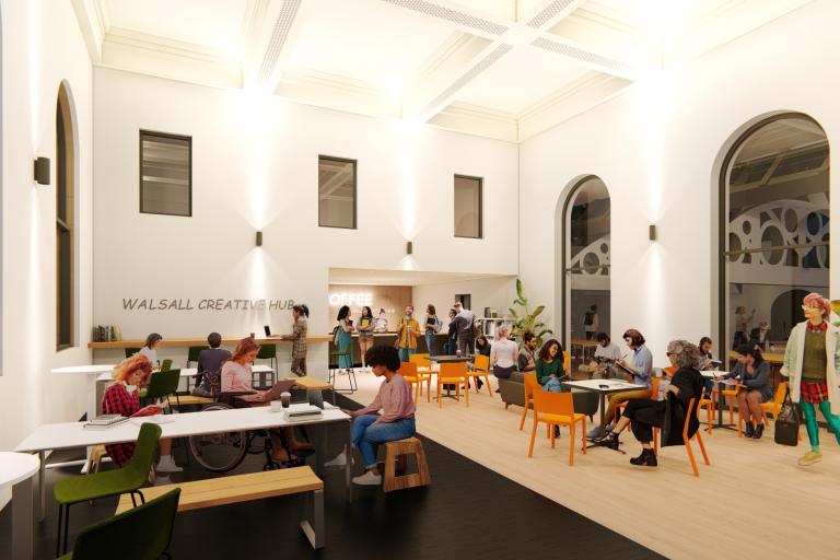 CGI of interior space of Guildhall, showing people sitting at tables