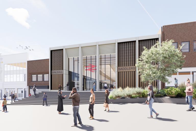 View of Walsall train station entrance and the Saddlers Centre