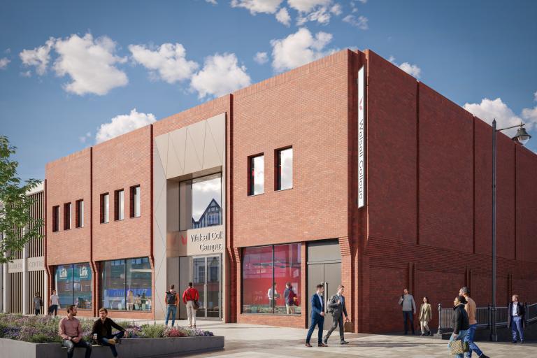Plain red brick building with large glass windows and Walsall College Campus sign